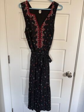 Gap Embroidered Midi Dress Black Floral Boho Tie Waist Sleeveless Size M